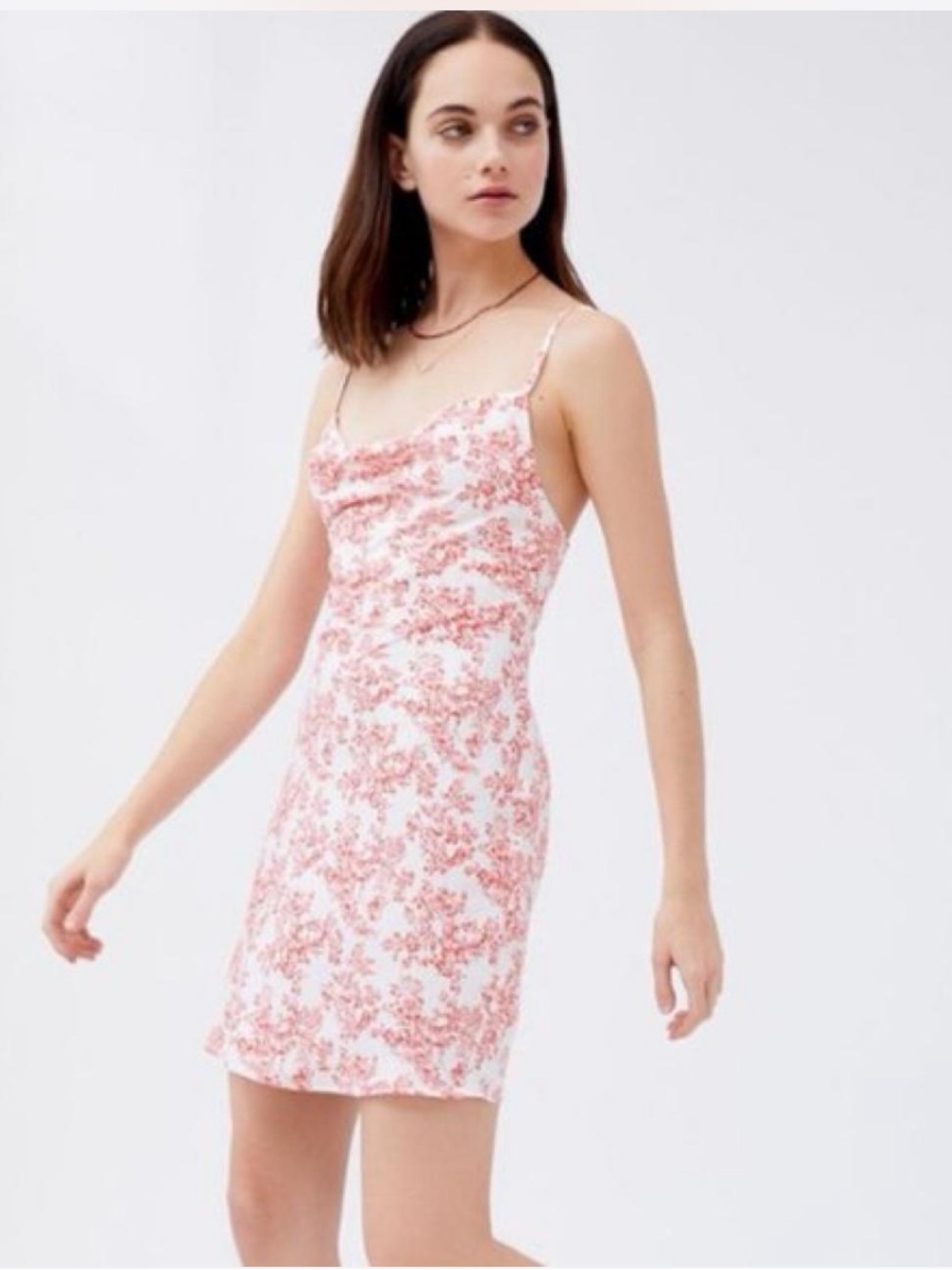 Urban Outfitters Mallory Cowl Slip Mini Dress - White with Red Florals